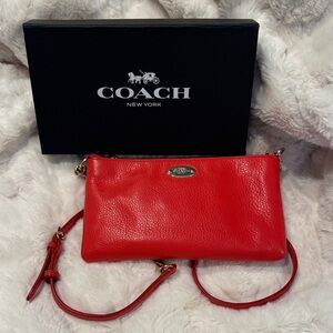 Coach Watermelon Red / Coral / Berry color Crossbody Bag.  Vibrant gold hardware